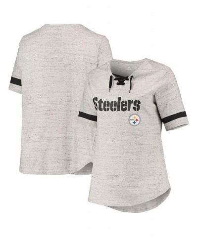 Women's Heathered Gray Pittsburgh Steelers Plus Size Lace-Up V-Neck T-shirt Heathered Gray $26.49 Tops