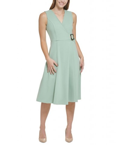 Women's Sleeveless Side-Buckle Scuba Crepe A-Line Dress Green $56.16 Dresses