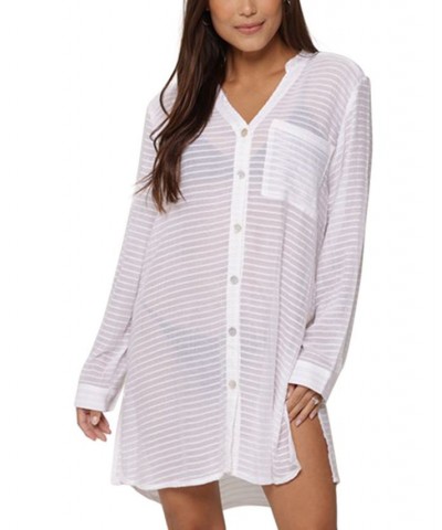 Women's Button-Front Long-Sleeve Shirt Cover-Up White $42.90 Swimsuits