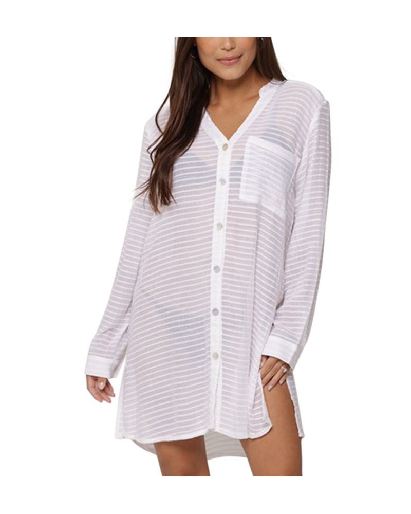 Women's Button-Front Long-Sleeve Shirt Cover-Up White $42.90 Swimsuits