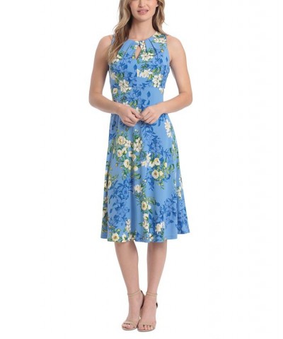 Petite Pleated Keyhole Floral-Print Midi Dress Blue $50.49 Dresses