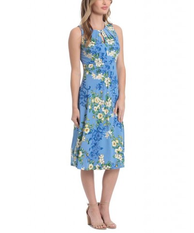 Petite Pleated Keyhole Floral-Print Midi Dress Blue $50.49 Dresses