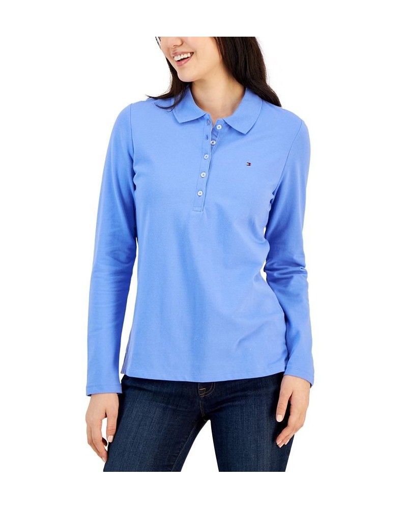 Women's Logo Long-Sleeve Polo Shirt French Blue $20.85 Tops