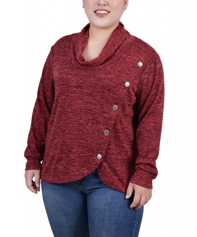 Plus Size Long Sleeve Overlapping Cowl Neck Top Red Enzoz $13.43 Tops