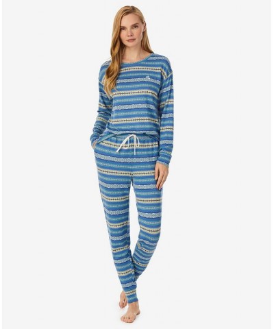 Women's Long Sleeve Crew Neck Jogger Pant Pajama Set 2 Pieces Blue Print $25.97 Sleepwear