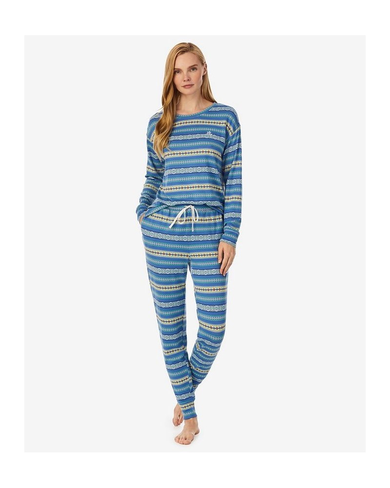 Women's Long Sleeve Crew Neck Jogger Pant Pajama Set 2 Pieces Blue Print $25.97 Sleepwear