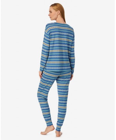 Women's Long Sleeve Crew Neck Jogger Pant Pajama Set 2 Pieces Blue Print $25.97 Sleepwear