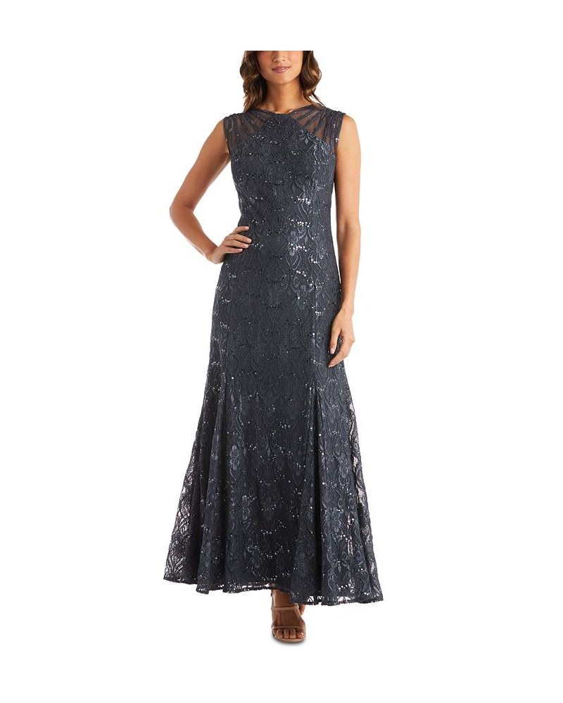 Women's Long Embellished Illusion-Detail Lace Gown Gray $70.98 Dresses