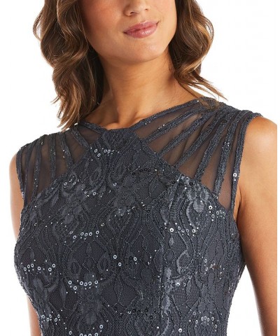 Women's Long Embellished Illusion-Detail Lace Gown Gray $70.98 Dresses