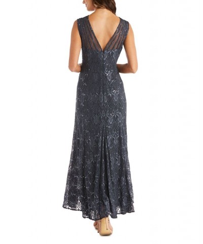 Women's Long Embellished Illusion-Detail Lace Gown Gray $70.98 Dresses