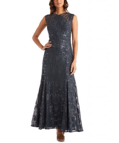 Women's Long Embellished Illusion-Detail Lace Gown Gray $70.98 Dresses