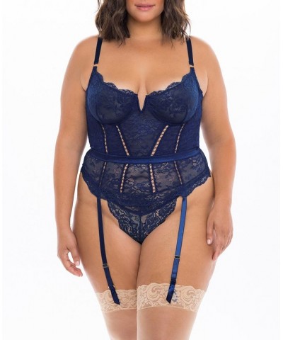 Plus Size Underwire Bra with Matching High-Waist Garter Belt Estate Blue $24.86 Lingerie