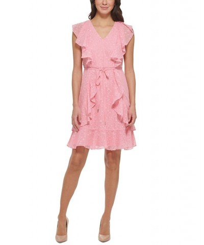 Women's Textured Tie-Waist Ruffled Fit & Flare Dress English Rose $51.43 Dresses