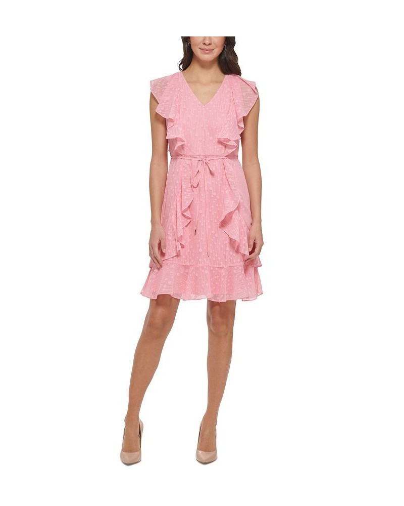 Women's Textured Tie-Waist Ruffled Fit & Flare Dress English Rose $51.43 Dresses