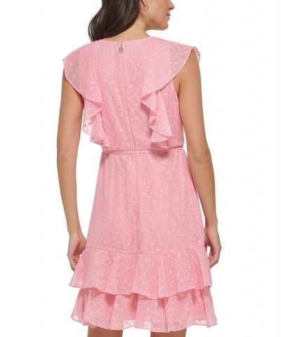 Women's Textured Tie-Waist Ruffled Fit & Flare Dress English Rose $51.43 Dresses