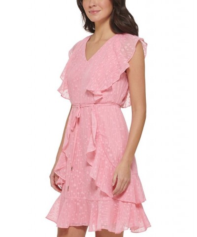 Women's Textured Tie-Waist Ruffled Fit & Flare Dress English Rose $51.43 Dresses