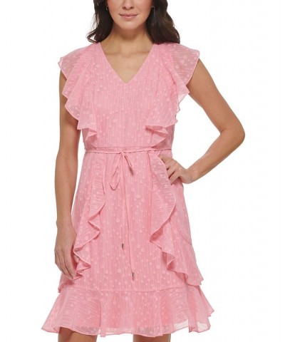 Women's Textured Tie-Waist Ruffled Fit & Flare Dress English Rose $51.43 Dresses