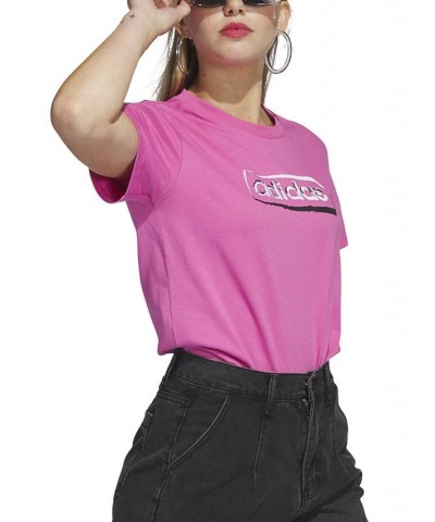 Women's Linear Stencil Short Sleeve Graphic T-Shirt Pink $16.90 Tops