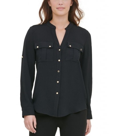 Textured Roll Tab Button Down Shirt Black $19.74 Tops