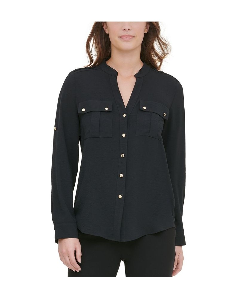 Textured Roll Tab Button Down Shirt Black $19.74 Tops