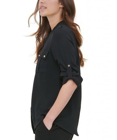 Textured Roll Tab Button Down Shirt Black $19.74 Tops