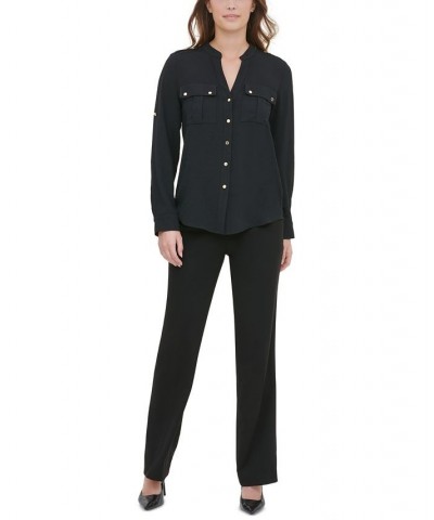 Textured Roll Tab Button Down Shirt Black $19.74 Tops