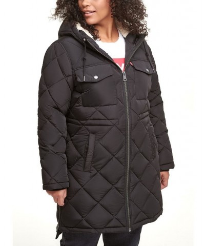 Trendy Plus Size Diamond-Quilted Hooded Long Parka Jacket Black $56.00 Jackets