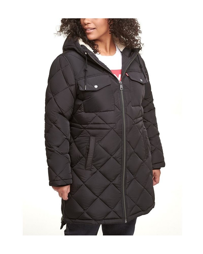 Trendy Plus Size Diamond-Quilted Hooded Long Parka Jacket Black $56.00 Jackets