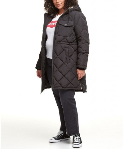 Trendy Plus Size Diamond-Quilted Hooded Long Parka Jacket Black $56.00 Jackets