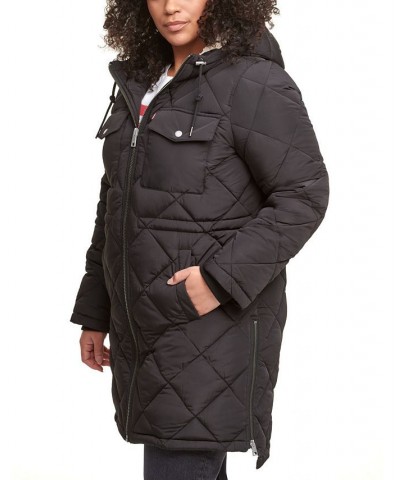 Trendy Plus Size Diamond-Quilted Hooded Long Parka Jacket Black $56.00 Jackets