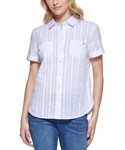 Women's Cotton Textured Stripe Camp Shirt Brt White $20.07 Tops