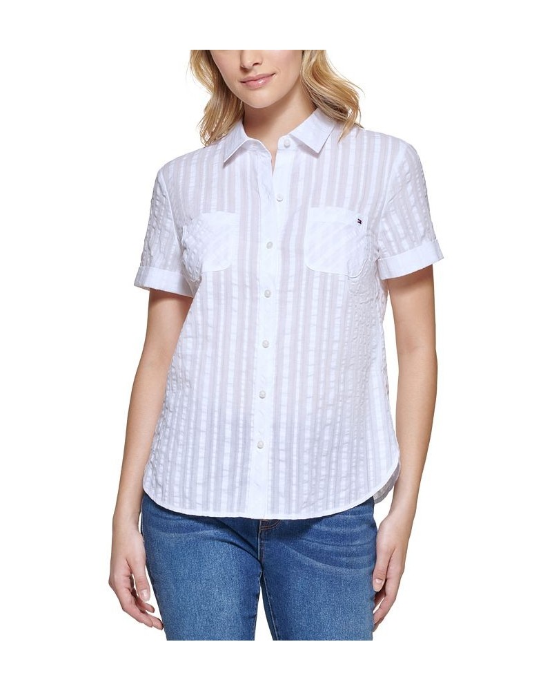 Women's Cotton Textured Stripe Camp Shirt Brt White $20.07 Tops