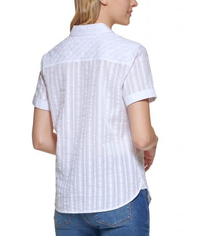 Women's Cotton Textured Stripe Camp Shirt Brt White $20.07 Tops