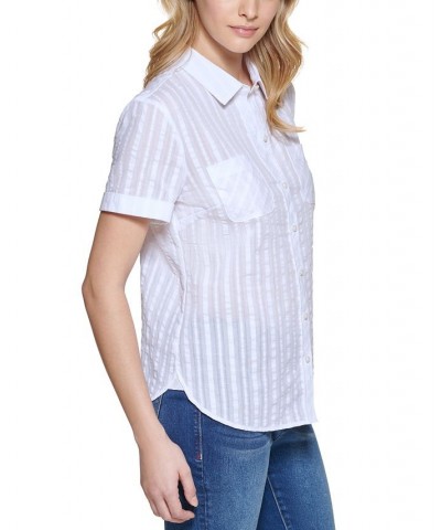 Women's Cotton Textured Stripe Camp Shirt Brt White $20.07 Tops