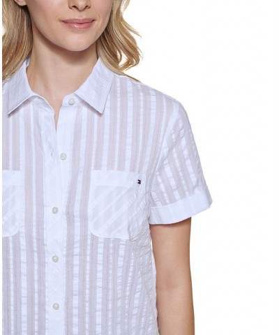 Women's Cotton Textured Stripe Camp Shirt Brt White $20.07 Tops