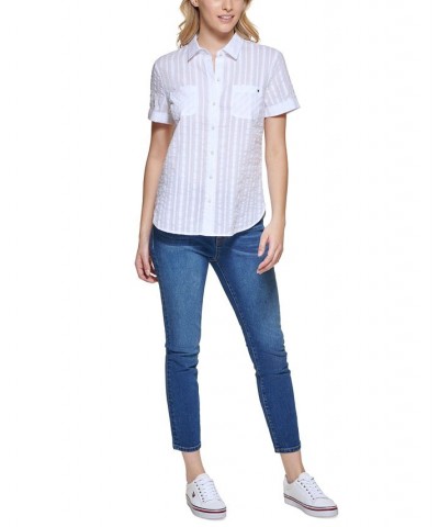 Women's Cotton Textured Stripe Camp Shirt Brt White $20.07 Tops