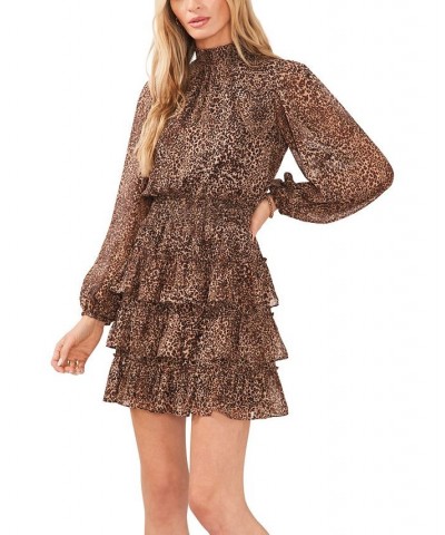 Women's Long Sleeve Smock Neck Ruffle Skirt Dress Leopard Muse $23.80 Dresses