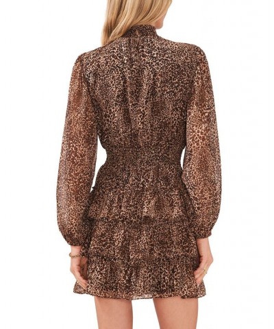 Women's Long Sleeve Smock Neck Ruffle Skirt Dress Leopard Muse $23.80 Dresses