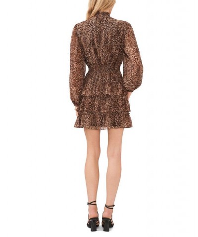 Women's Long Sleeve Smock Neck Ruffle Skirt Dress Leopard Muse $23.80 Dresses