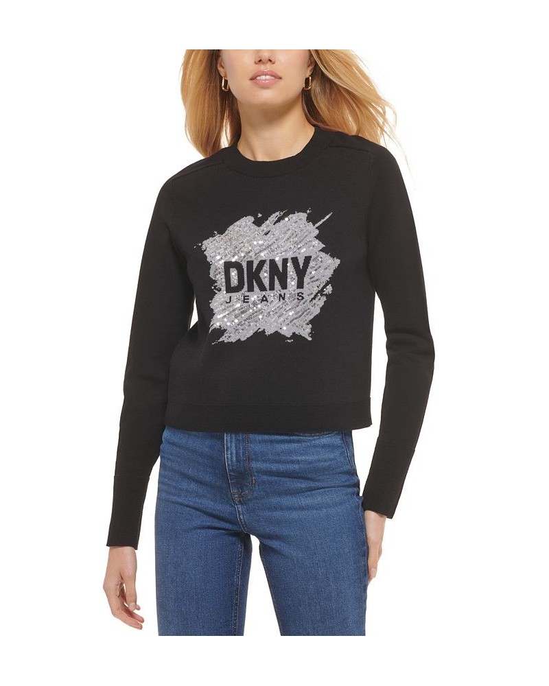 Women's Sequin Logo Crewneck Sweater Black $31.57 Sweaters