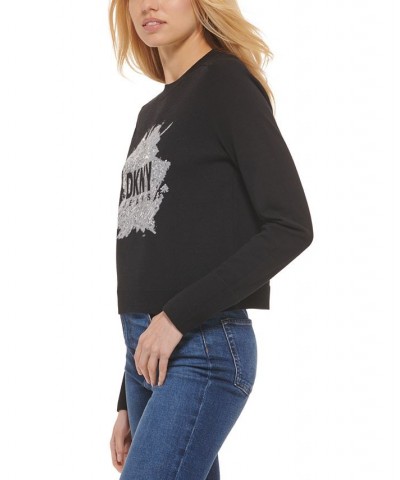 Women's Sequin Logo Crewneck Sweater Black $31.57 Sweaters