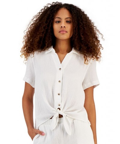 Juniors' Button-Down Tie-Hem Cotton Top Ivory/Cream $18.00 Tops