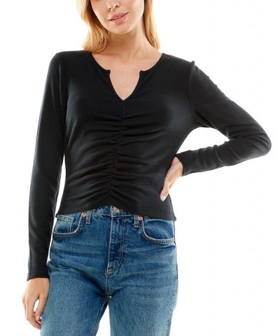 Juniors' Ruched-Front Long-Sleeve Top Black $7.88 Tops