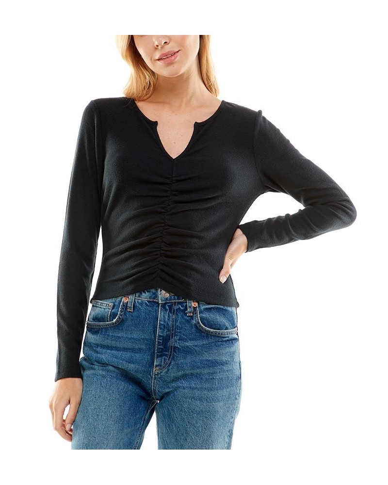 Juniors' Ruched-Front Long-Sleeve Top Black $7.88 Tops