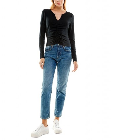 Juniors' Ruched-Front Long-Sleeve Top Black $7.88 Tops