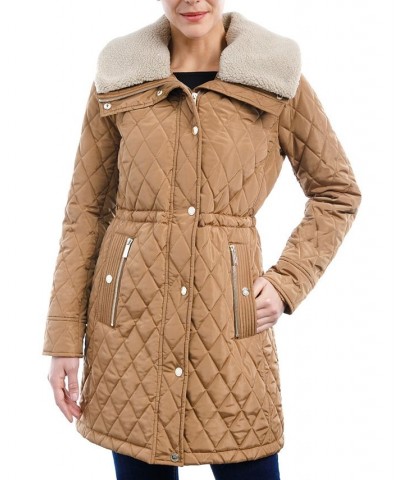 Petite Hooded Fleece-Collar Quilted Anorak Coat Tan/Beige $75.60 Coats