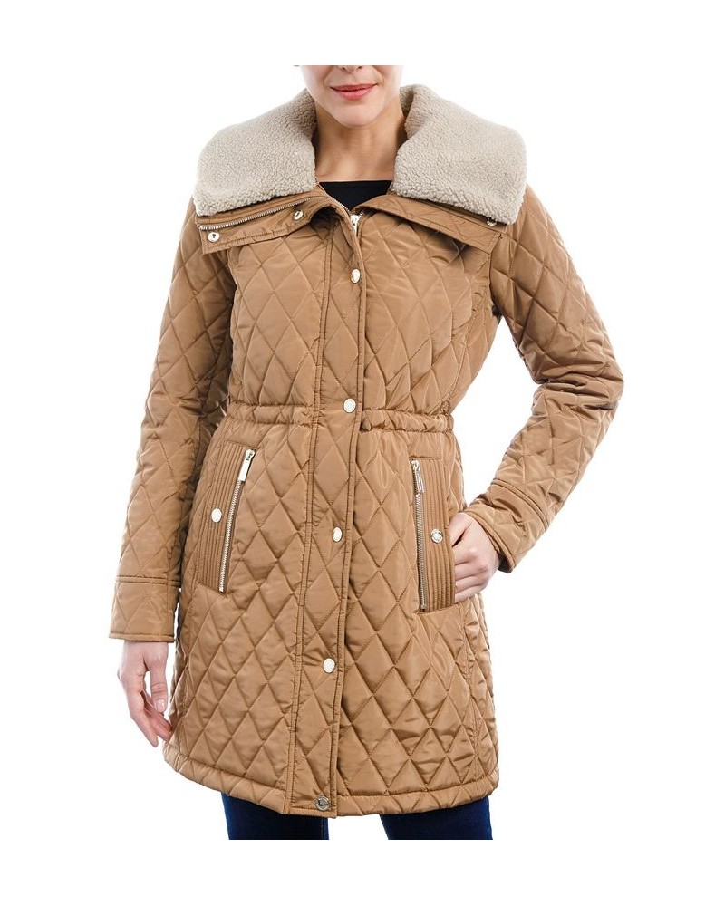 Petite Hooded Fleece-Collar Quilted Anorak Coat Tan/Beige $75.60 Coats