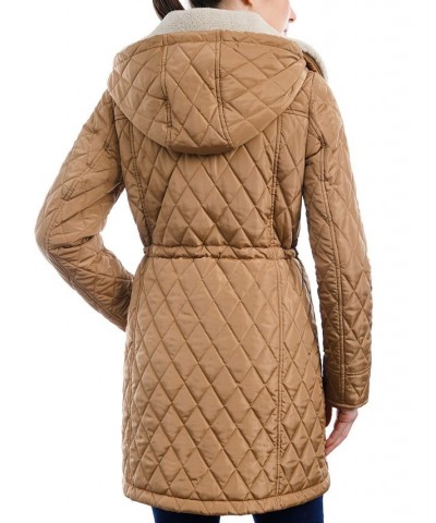 Petite Hooded Fleece-Collar Quilted Anorak Coat Tan/Beige $75.60 Coats