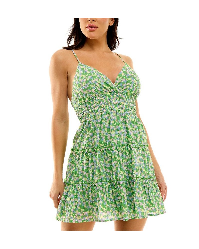 Juniors' V-Neck Smocked-Waist Tiered Dress Green Floral $34.81 Dresses