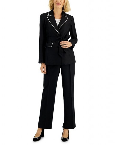 Women's Contrast-Trim Belted Jacket & Pants Black $59.50 Suits